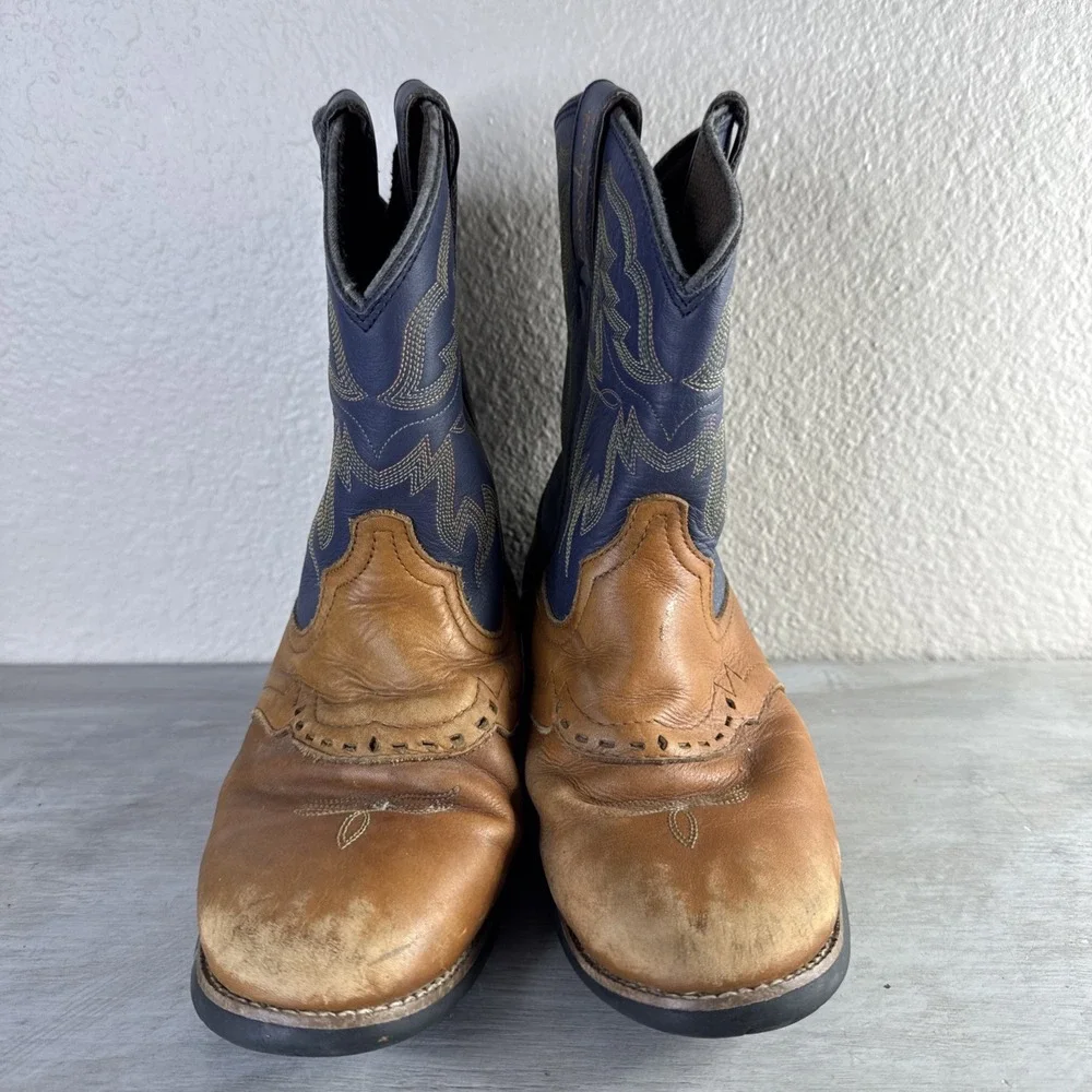 Tony Lama Mid Calf Brown/Navy  Embroidered TLX Western Cowboy Kids 1.5